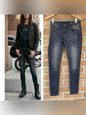 Reiko Nelly Studs Black Washed Skinny Jeans Sz 26 Studded Pocket Grunge